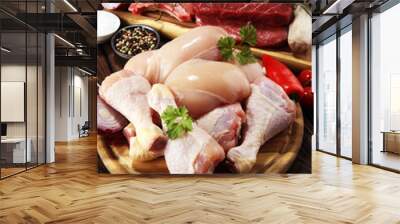 raw meat. Different types of raw pork meat, chicken and beef with spices and herbs Wall mural