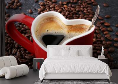 Red Heart Coffee cup and beans on table Wall mural