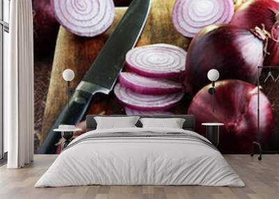 Red onions circles and red onions on board against wooden backgr Wall mural