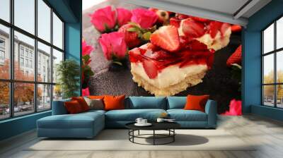 strawberry cake and many fresh strawberries on rustic table with hearts and roses for valentines day. Wall mural