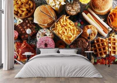 Unhealthy products. food bad for figure, skin, heart and teeth. Wall mural