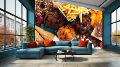 Unhealthy products. food bad for figure, skin, heart and teeth. Wall mural