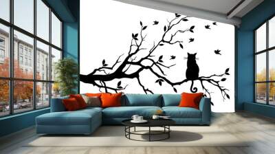 cat on a tree with birds, vector Wall mural