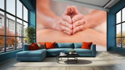 Back massage, hand and spa for a massage therapist for zen body care and beauty, health or wellness. Massueuse, physical therapy and stress relief with tranquil treatment for relaxation and wellbeing Wall mural