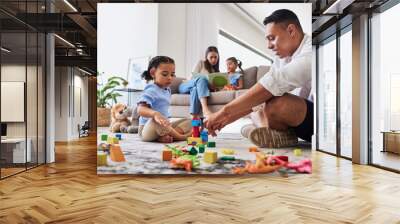 Family, learning and building toy by girl and father bond living room floor, playing, relax and creative puzzle fun. Education, child development and parent teaching child to build, shapes and color Wall mural