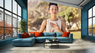 Fitness, woman and yoga breathing in relax for spiritual wellness, mental wellbeing or calm exercise in nature. Female relaxing, exercising and training in warm up breath activity for healthy workout Wall mural