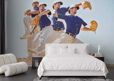 Men pitcher, baseball and athletes training for a sports game together on an outdoor field. Fitness, workout and friends practicing to pitch or throw a ball with a glove for a workout or exercise. Wall mural