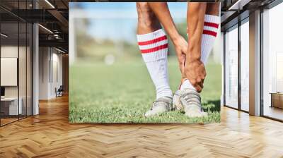 Soccer, sports and ankle pain, injury or accident on a field during a game, exercise or training. Muscle sprain, broken joint or medical emergency of a man athlete at a football pitch during a match. Wall mural