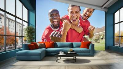 Soccer, team and winner for celebrate game, happy and smile being proud, confident and on field in sportswear. Teamwork, football and victory players doing sports, winning or workout together outdoor Wall mural