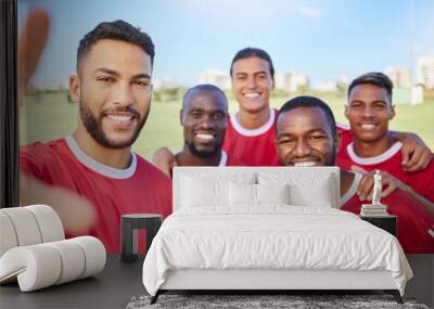 Soccer team, happy and football player selfie portrait with group diversity men together for motivation, winning and competition game. Exercise, champion mindset and smile photo of guys at training Wall mural