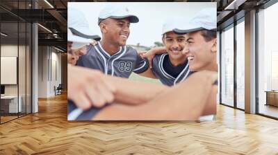 Support, strategy and sports with team of baseball for training, planning and motivation. Fitness, collaboration and teamwork with baseball player on field for goals, health and community huddle Wall mural