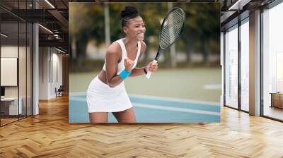 Winner, celebrate and black woman excited, tennis and victory with fitness, happiness and sports. Female person, happy player or athlete on the court, game and exercise with workout goal and cheering Wall mural