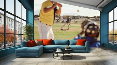 Baseball, bat and man ready for a fast ball on a baseball field in a training match or game outdoors in Houston. Softball, fitness and sports athlete pitcher pitching with speed in a team performance Wall mural