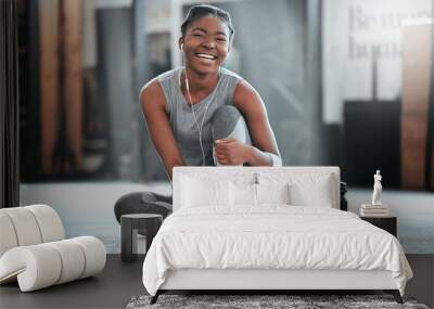 Gym, portrait or happy black woman on break after a workout, exercise or training for fitness. Funny, smile or healthy sports girl or female African athlete smiling or relaxing with positive mindset Wall mural