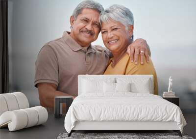 Happy, love and portrait of a senior couple in retirement, bonding and embracing in nature. Happiness, smile and elderly man and woman from Puerto Rico hugging with care, romance and joy outdoors. Wall mural