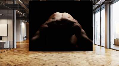 Naked, man with muscle and isolated on black background, strong back and skin, silhouette and body in a studio. Sexy, art and sensual with nude person, athlete and model with fitness and bodybuilder Wall mural