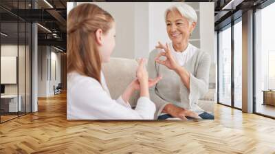 Senior woman, sign language and deaf girl communication, talking or conversation in home. Support, care and retired old female speaking to child with hearing disability in asl language hand gestures. Wall mural