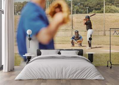 Sports, baseball and baseball player at baseball field for training with pitch, baseball batter and focus. Softball player, thinking and planning ball throw at a softball field during a field game Wall mural