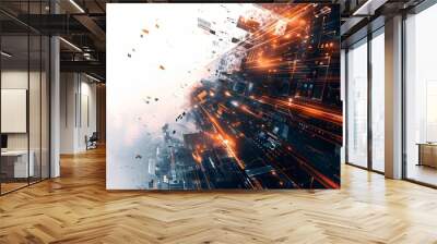 Digital illustration of red sparkling particles with a dynamic flow on a dark background. Wall mural