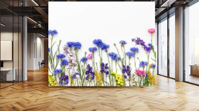 Frame with flowers on white background. Top view, flat lay Wall mural