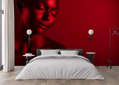 Close up photo of elegant stunning lady fantasize eyes closed isolated on dark red futuristic color background Wall mural