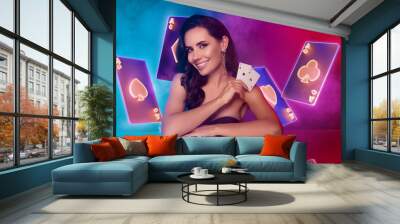 Creative collage banner gorgeous young lady hold two cards sit poker table tokens chips neon blackjack gambling casino Wall mural