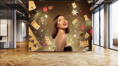 Creative collage poster picture banner charming young lady play casino gambling card chips luck games earn money wealth Wall mural