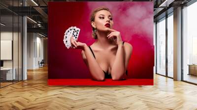 Photo of attractive seductive woman wear dress playing black jack look empty space isolated red ruby color background Wall mural