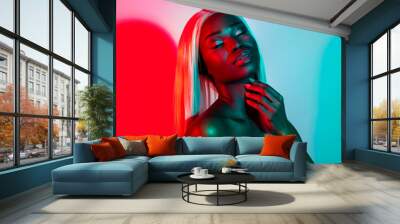 Photo of young stunning attractive african girl touching neck sensual enjoying nightlife isolated on vibrant background Wall mural