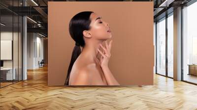 Profile side photo of lovely girl closed eyes perfect ideal skin facial care mask isolated on beige color background Wall mural