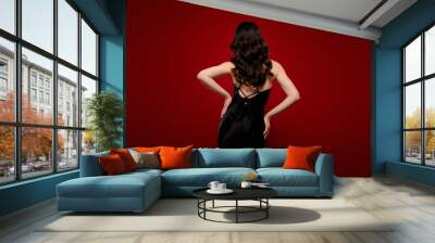 Rear view photo of sexual attractive lady celebrity wearing black dress isolated on red color background Wall mural