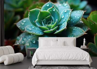 A close-up of a succulent with water droplets Wall mural