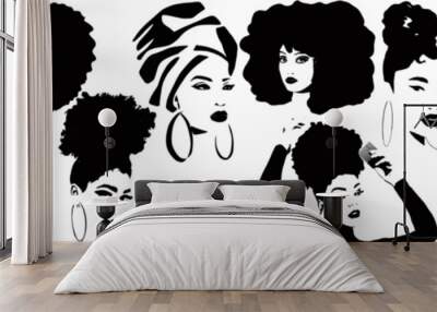 Set of beautiful black women with afro hair, turban, comb and braids. African girls silhouette for logo. template for curly hairstyles Wall mural