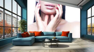 Lips, beauty part of face,  beautiful young woman touching healthy skin. Skincare facial treatment concept Wall mural