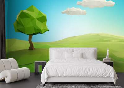 One tree on a grass field illustration Wall mural