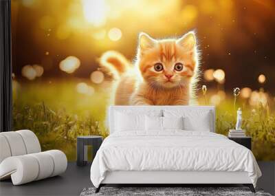 A cute ginger kitten runs towards the camera in a grassy field with a warm sunset in the background. Wall mural