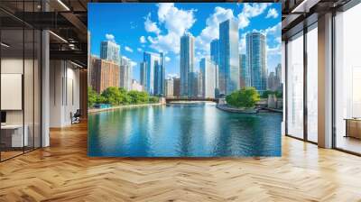 A picturesque view of a modern city skyline with a river flowing through it. The buildings are tall and sleek, and the sky is blue and cloudless.  Wall mural