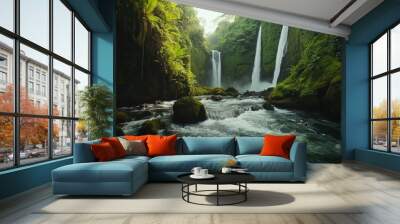 Lush green rainforest with two cascading waterfalls and a flowing river. Wall mural