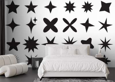 Sparkling stars composition. Glowing black star stencil, isolating various sparkling elements. Twinkle star, Minimalist silhouette stars icon, twinkle star shape symbols. Wall mural