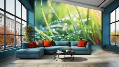 Fresh morning dew on spring grass, natural background. Wall mural