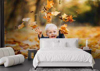 Little cute baby boy have fun outdoors in the park in autumn time. Wall mural