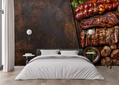 argentinean asado meats assortment with vegetables on a rustic background with copy space Wall mural