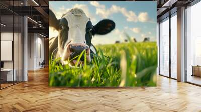 black and white dairy cow lying in green grass under sunny sky Wall mural