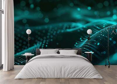 blue digital waves with glowing dots on dark abstract background Wall mural