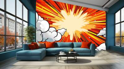 dynamic comic explosion with vibrant red background and white clouds Wall mural