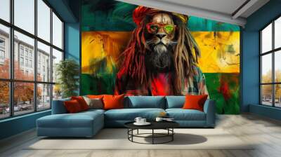 majestic lion withdreadlocks and reggae rastafarian style on vibrant background Wall mural