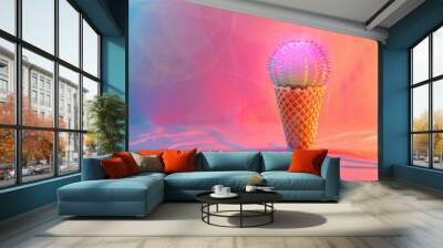 neon cactus in waffle cone with vibrant background with a copy space Wall mural