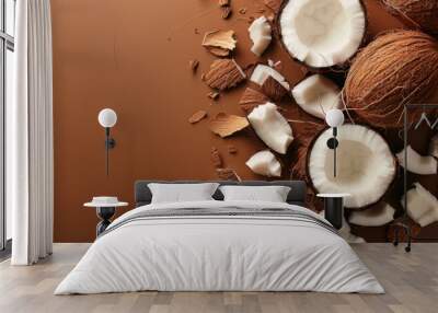 sliced coconuts on textured brown background, tropical organic ingredient, copy space for text Wall mural