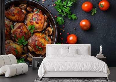 top view of baked chicken thighs with fresh tomatoes and herbs with copy space Wall mural