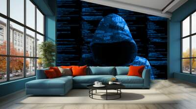 Hoody hacker blue cybersecurity computer code information security Wall mural